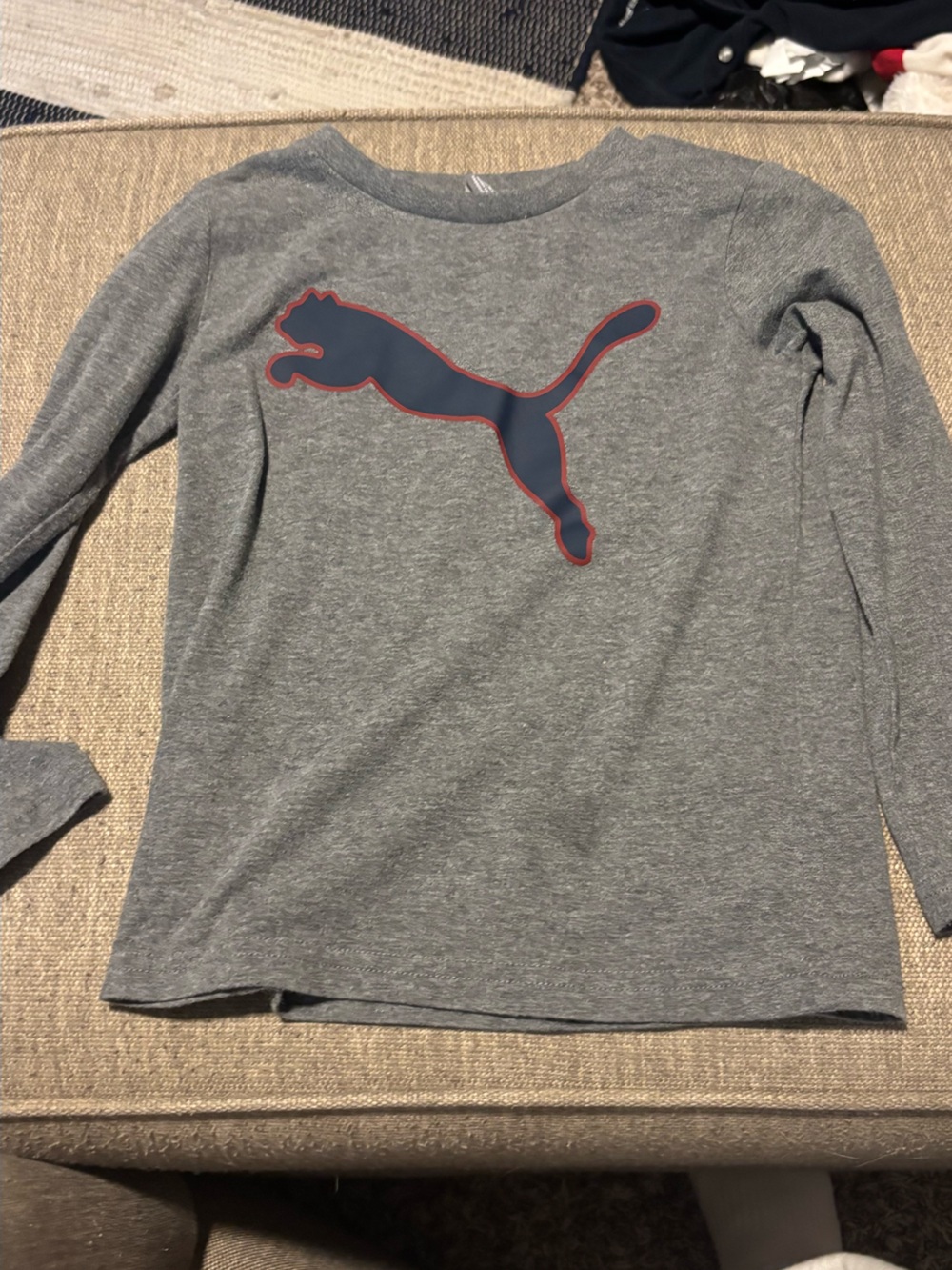 Puma Gray Long Sleeve Tee with Navy Logo and Red Outline
